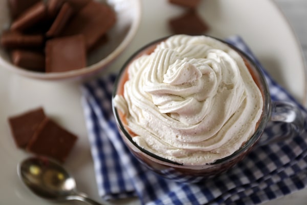 Is Cool Whip Low Carb? A Guide for Low-Carb Dieters 6 An overhead view focuses on a clear glass mug of hot chocolate topped with a thick, ridged swirl of whipped cream, resting on a blue and white checkered napkin, with chocolate squares and a spoon nearby.