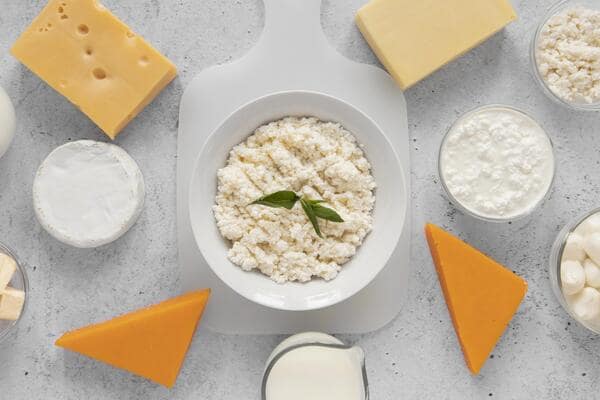 Low Carb Cottage Cheese: Best Brands and Ways to Enjoy 6 An overhead arrangement of various dairy products features a white bowl of cottage cheese garnished with a basil sprig, surrounded by blocks and wedges of hard cheeses, milk, yogurt, and mozzarella balls.