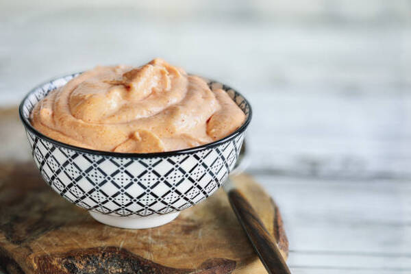 Japanese yum yum sauce made with mayo, sugar, paprika, ketchup, rice vinegar, and mirin